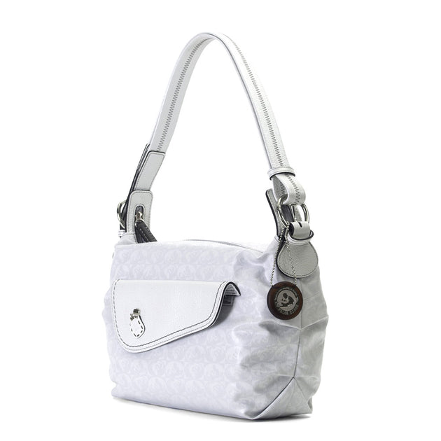 美品　ペレボルサ　ハンドバッグ　グレー　ロゴプレート　2way　A4収納　s57 PELLE BORSA - 美品 ペレボルサ ハンドバッグ グレー ロゴ